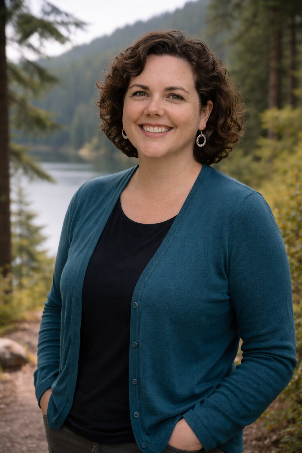 A woman with short, curly brown hair and earrings, smiling outdoors near a lake with trees and mountains in the background.