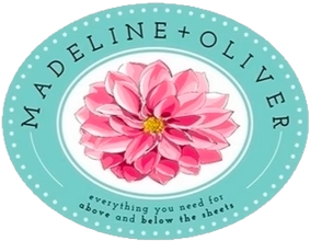 Logo with a pink flower and teal background, featuring text 'Madeleine + Oliver' and slogan 'everything you need, for above and below the sheets'