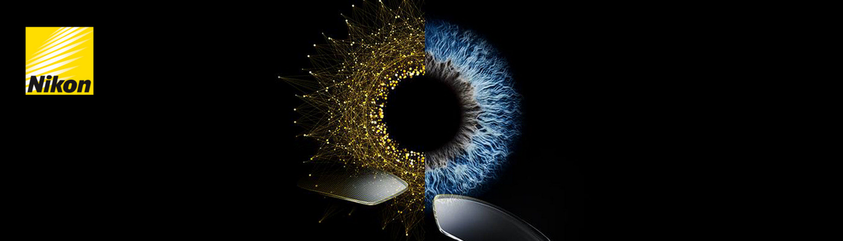 Promotion Nikon avec un œil humain, stylisé avec moitié de réseau numérique en or et moitié en éléments naturels en bleu, reflet dans des lunettes