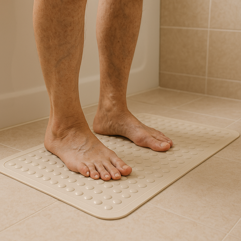 Seniorenfüße auf rutschfester Badematte in der Dusche – Symbol für Sicherheit im Badezimmer