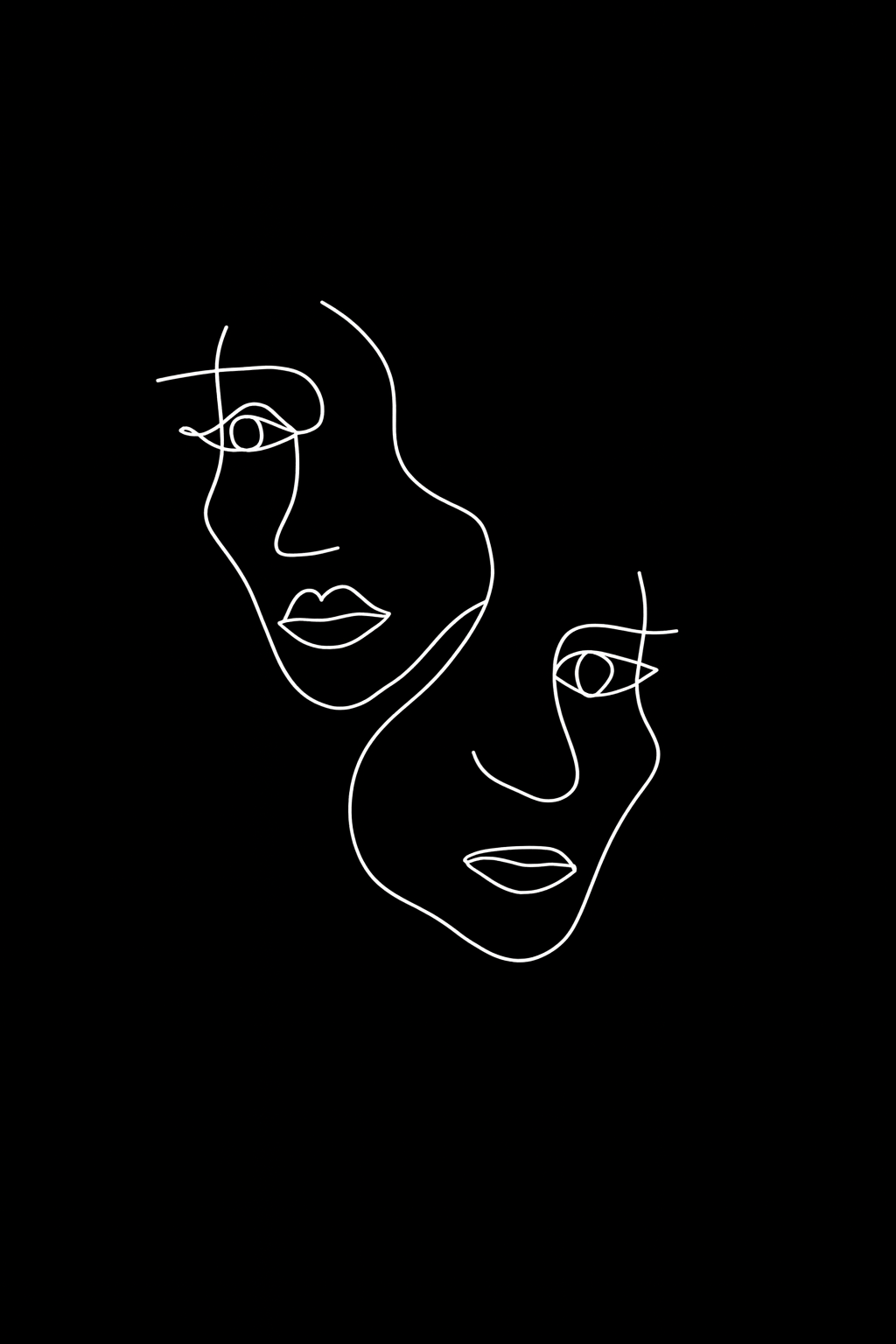 Eine digitale Illustration von zwei stilisierten Gesichtern, erstellt mit weißen Linien auf schwarzem Hintergrund, im minimalistischen und abstrakten Stil.