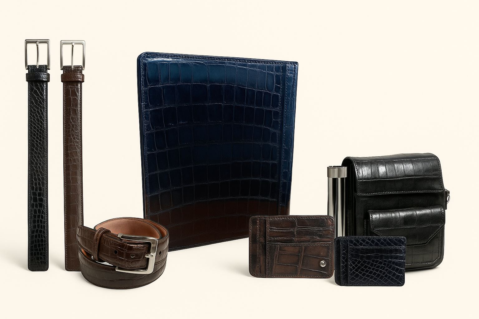 Summit & Selva hero image displaying exotic crocodile and paiche leather products with baby alpaca textiles, symbolizing artisan craftsmanship from the Andes and Amazon