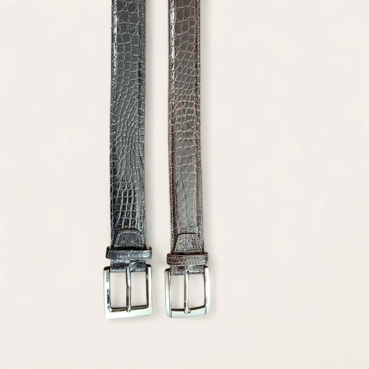Genuine crocodile belts in gloss black flank, dark brown flank and vintage brown tail by Summit & Selva