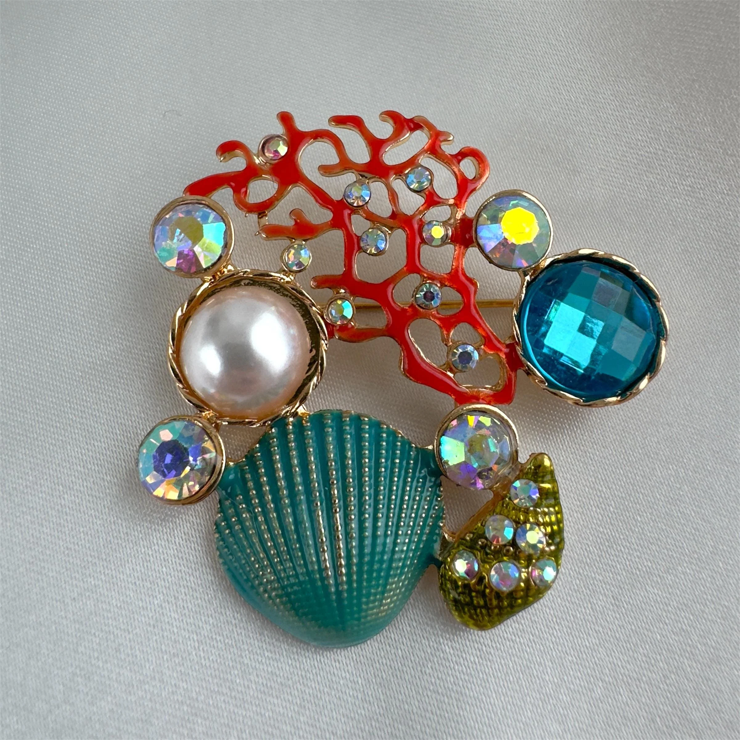 Ocean Shell Coral Brooch: Rhinestone Marine Jewelry