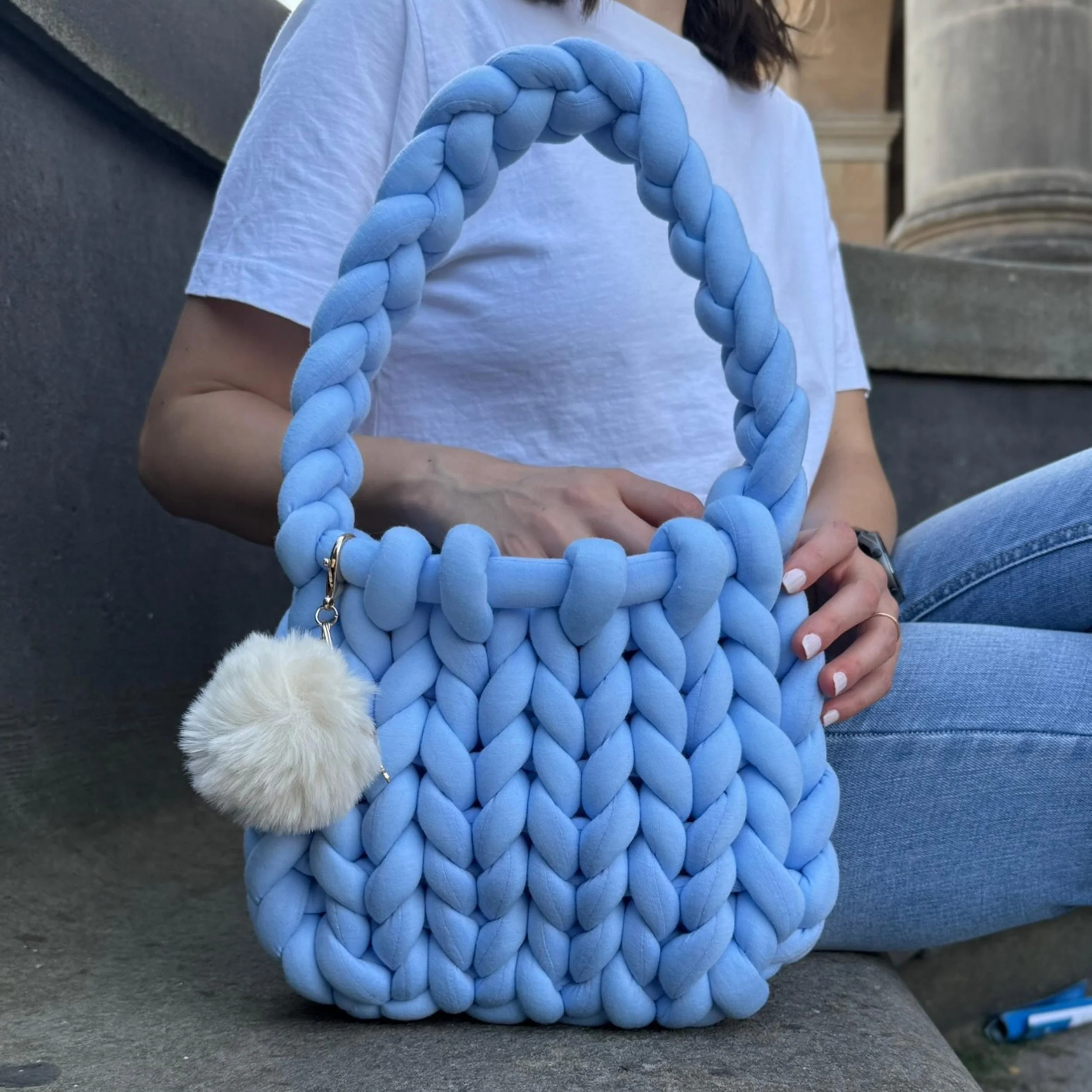 Chunky Knit Bag: Light Blue Marshmallow Yarn Crochet Shoulder Tote