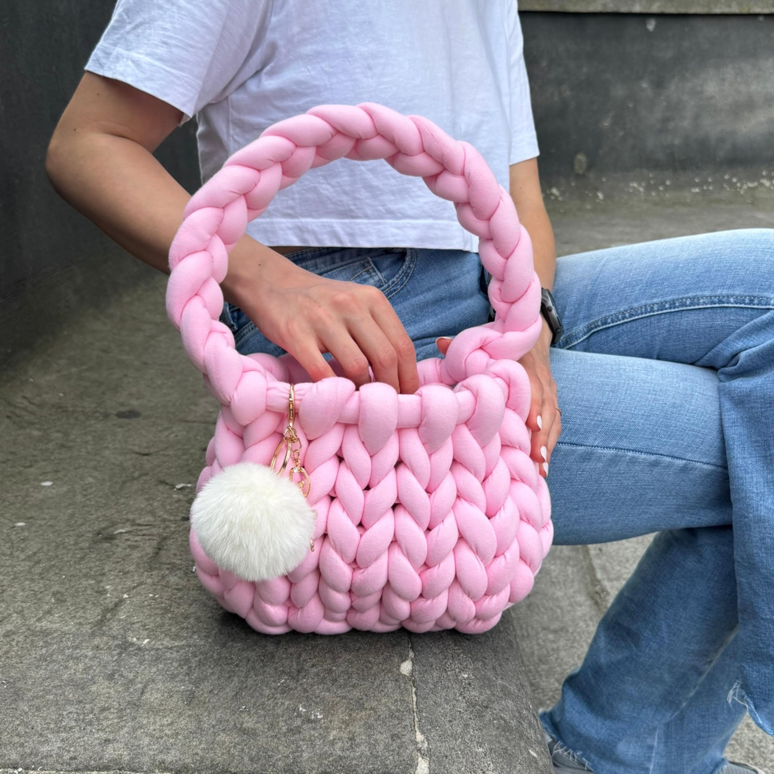 Handmade Light Pink Knit Bag: Chunky Cotton Yarn Shoulder Handbag