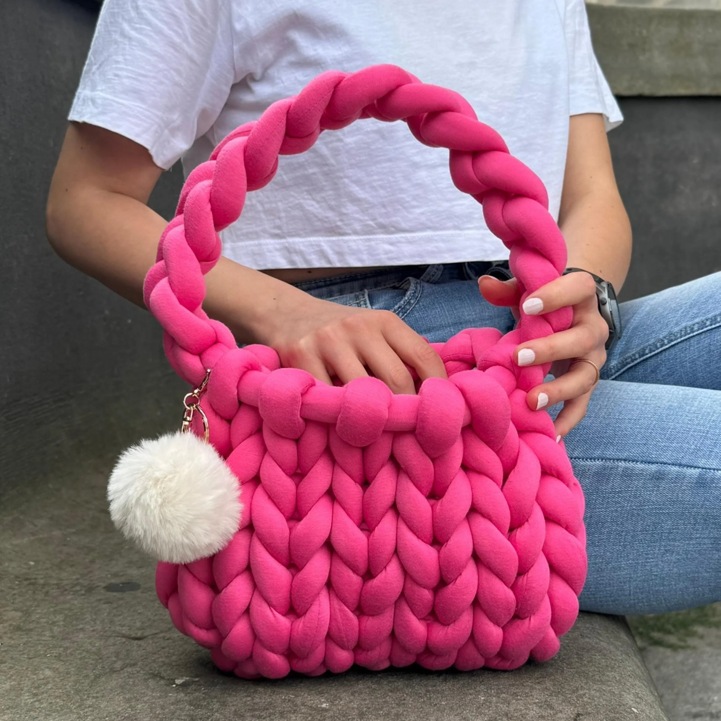 Dark Pink Chunky Knit Bag – Shoulder Bags, Cozy Accessories Gift