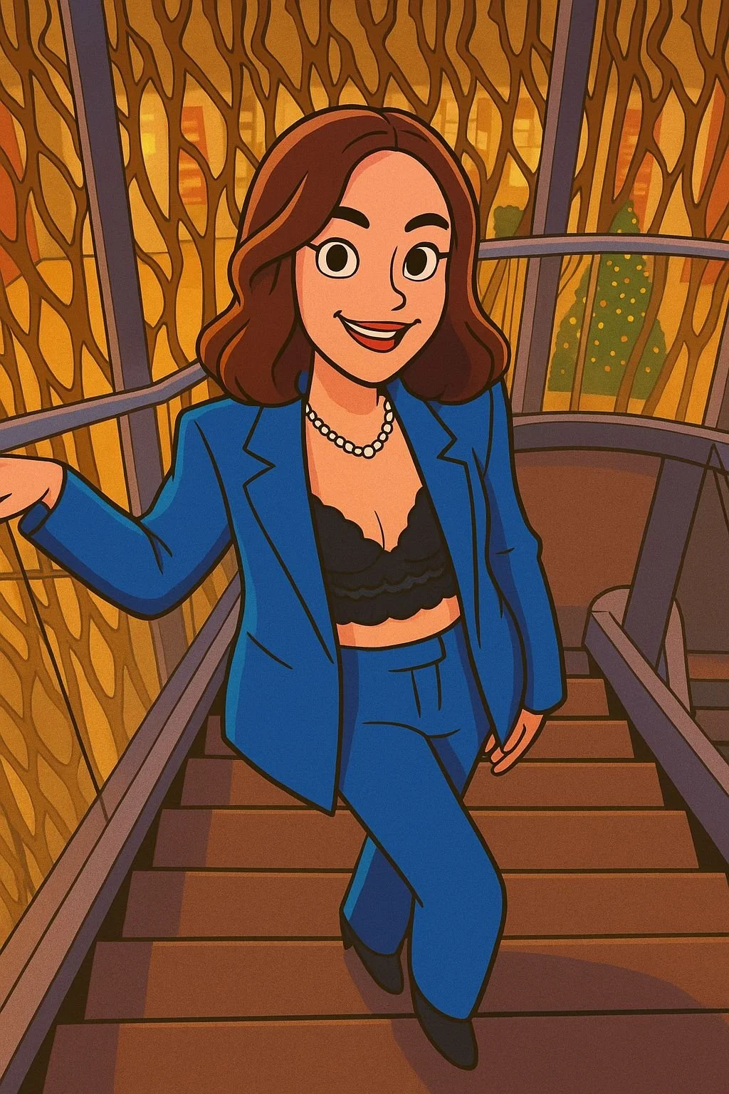 Eine Cartoon-Dame in einem blauen Anzug mit schwarzem BH und Perlenkette steht in einer Gondel auf einer Seilbahn, im Hintergrund eine orange-rote aufgehende Sonne.