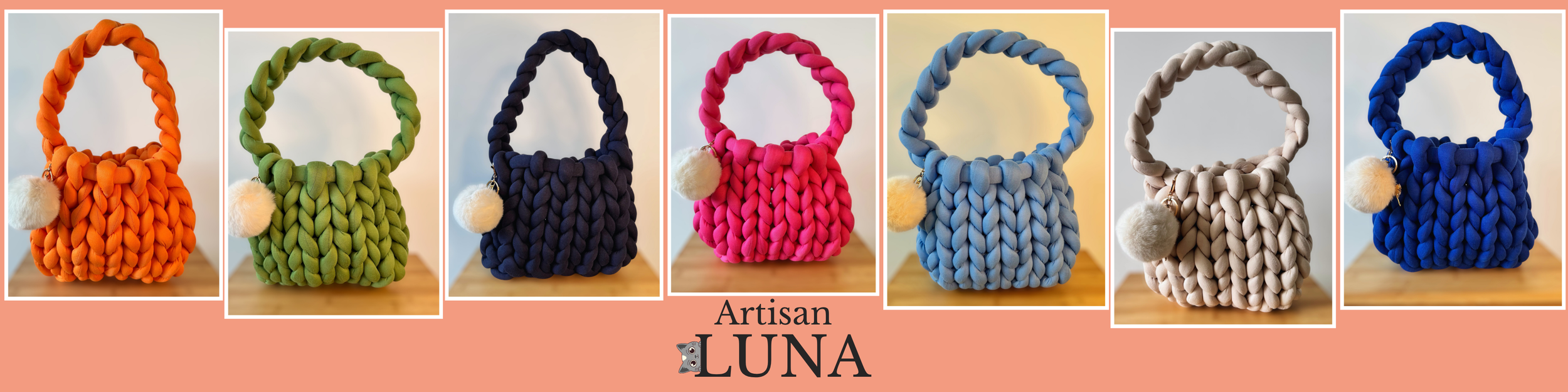 Sechs handgemachte, gefilzte Handtaschen in verschiedenen Farben, jede mit weißem Pompon-Schmuck, präsentiert von Artisan Luna.