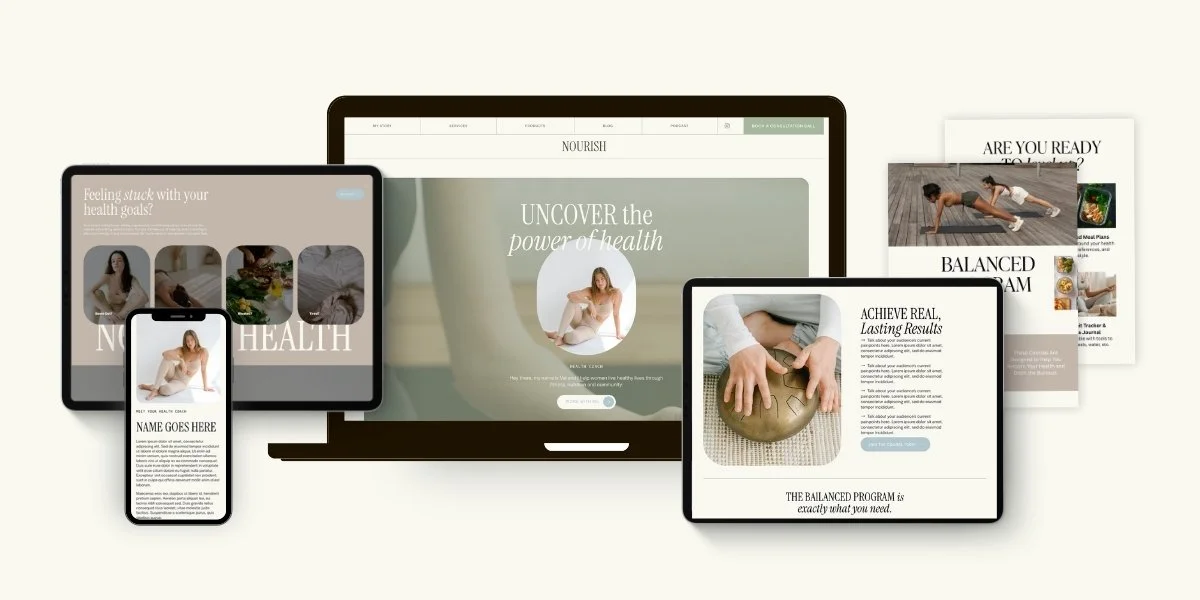 Digital devices displaying health and wellness website content, including a laptop, tablet, and smartphone, with images of exercise, nutrition, and health programs.