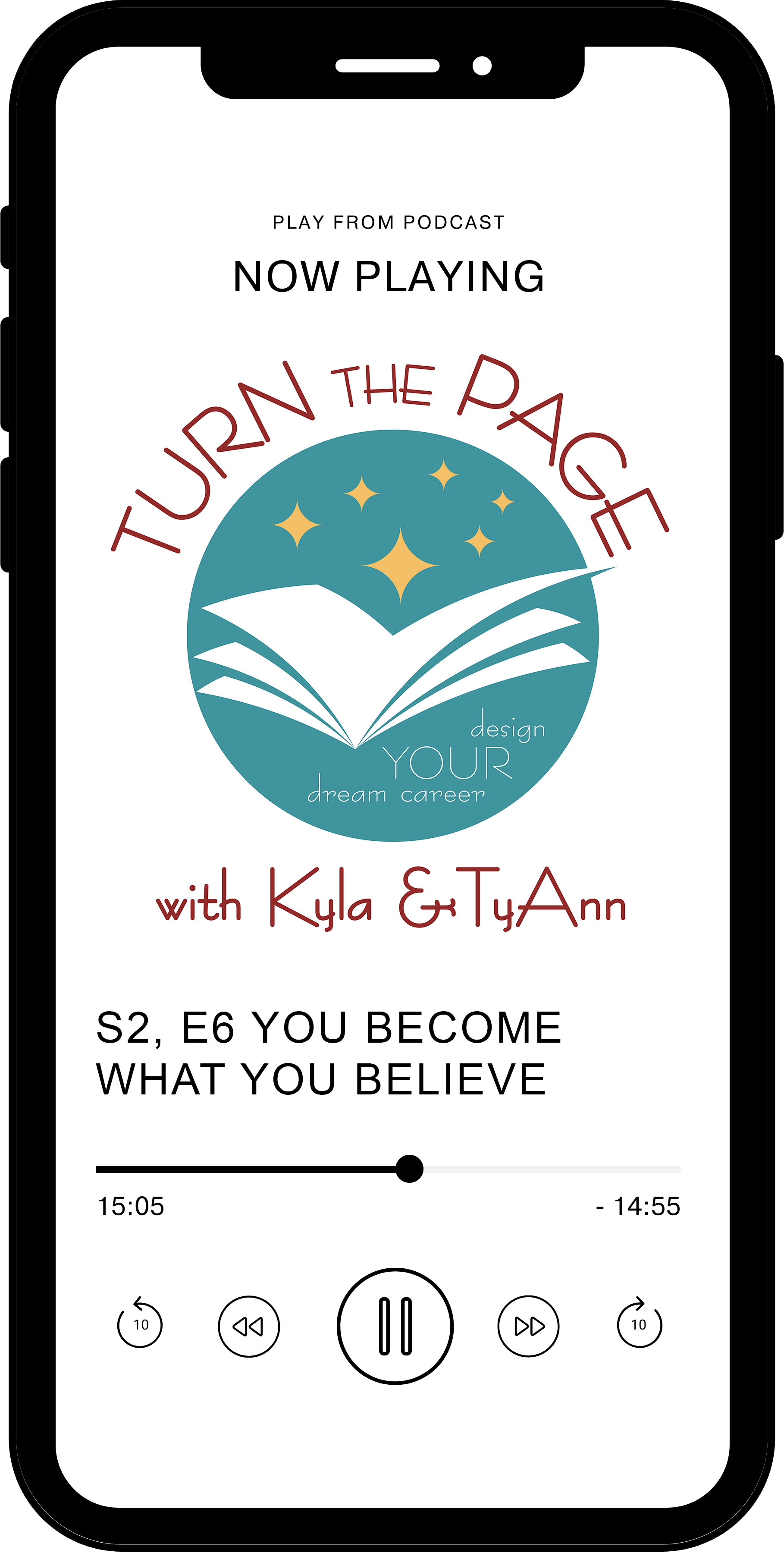 A mobile phone screen displaying a podcast episode titled "Turn the Page" with hosts Kyla and TylAnn, featuring a graphic of an open book with stars, and a playback bar for the episode.