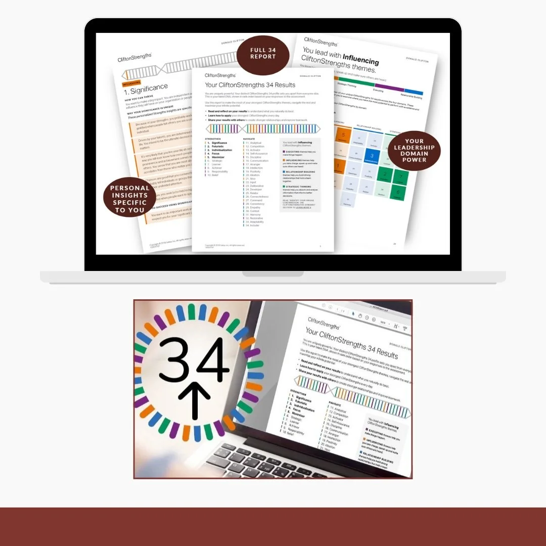 Screenshots of a digital report on CliftonStrengths analysis, featuring pages with results and colorful charts, displayed on a laptop and a tablet.