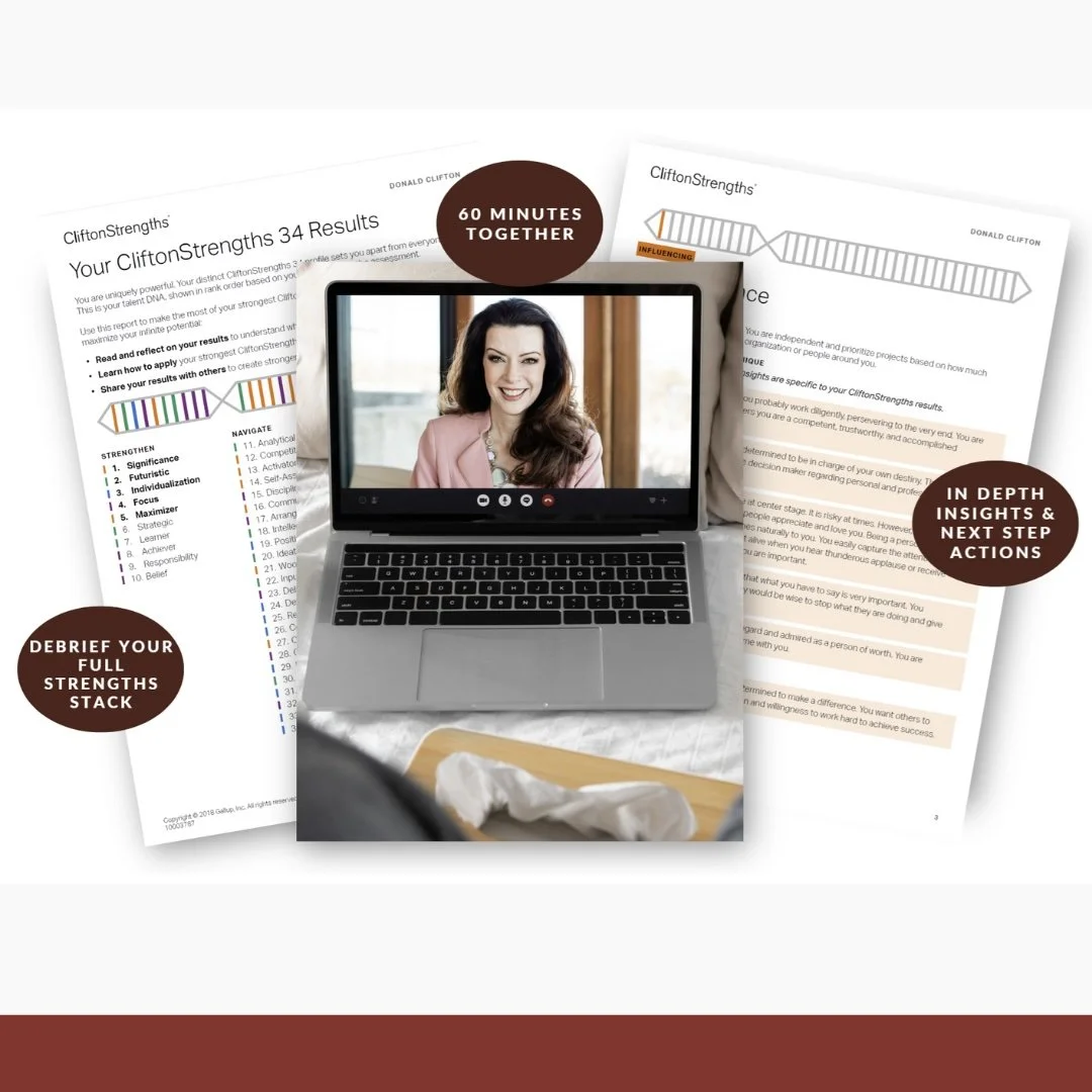 A laptop on a table during a video call showing a smiling woman. Surrounding documents include results and analysis for CliftonStrengths assessment, with highlights like "Debrief your full strengths stack" and "In depth insights & next step actions."