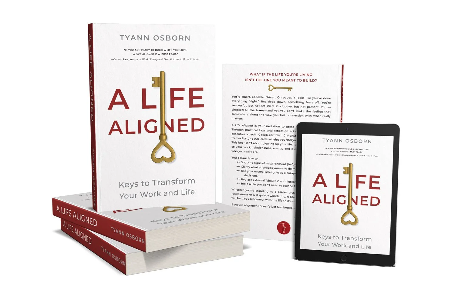 Books, a tablet, and a brochure featuring the cover of the book titled 'A Life Aligned' by Tyann Osborn, with a design of a golden key on the cover.