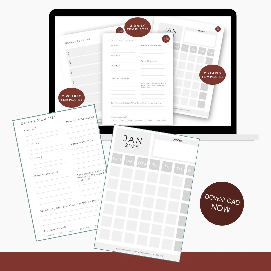 Promotional image showcasing daily, weekly, and yearly planner templates for January 2025, with a sample weekly planner, daily priorities list, monthly calendar, and a 'Download Now' button.