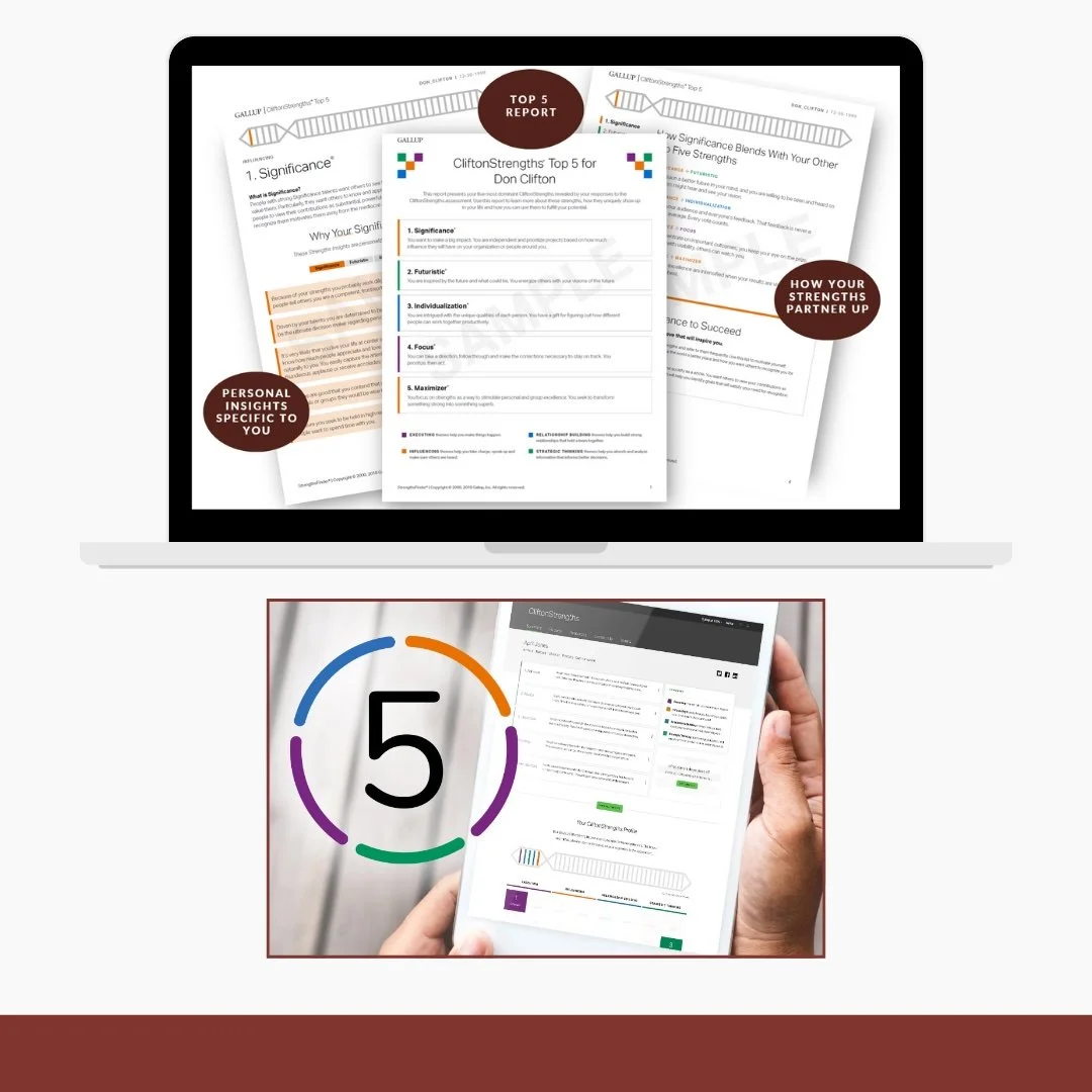 Two digital screens displaying reports about CliftonStrengths. The larger screen shows three pages with titles like 'Top 5 Report,' 'Personal Insights Specific to You,' and 'How Your Strengths Partner Up,' each with numbered points and colorful graphics. The smaller screen shows a tablet with a CliftonStrengths report, with a large number 5 encircled by colorful arcs, held in a hand.