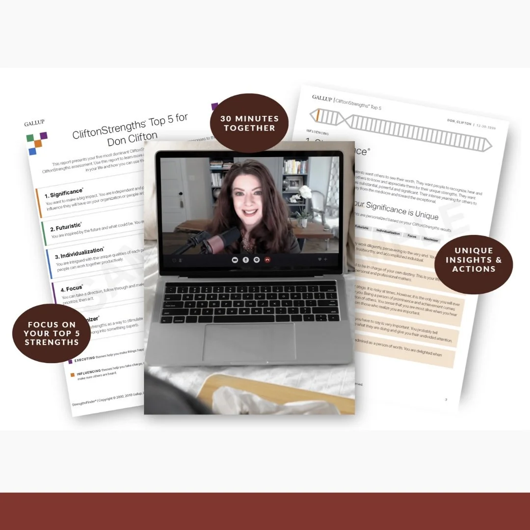 A woman on a video call smiling, with a laptop in front of her. Papers with notes and highlights about CliftonStrengths are spread out on the table, featuring text about top strengths and insights.