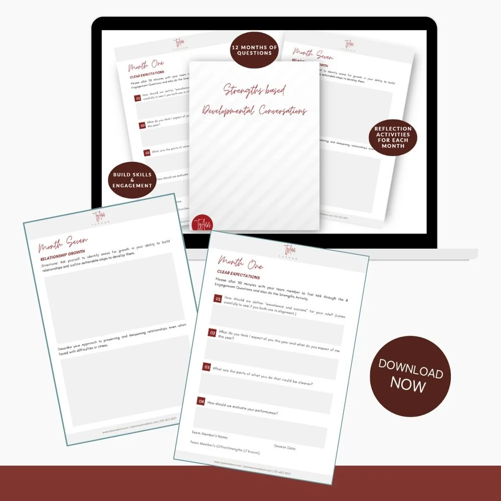 A digital promotional display showing a downloadable workbook titled '12 Months of Questions', with the main focus on 'Strengths based Developmental Conversations' for each month. The screen highlights features such as building skills and engagement, reflection activities for each month, and a prominent 'Download Now' button.