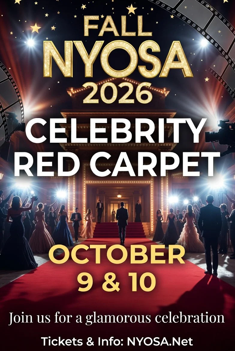 A poster for the NYOSA 2026 celebrity red carpet event, taking place on October 9 and 10. The background features an elegant red carpet entrance with flashing cameras and well-dressed attendees, and the event is described as a glamorous celebration.