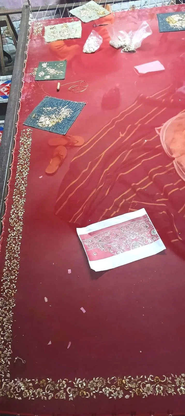 Hand embroidered red bridal dupatta with antique gold zardosi work