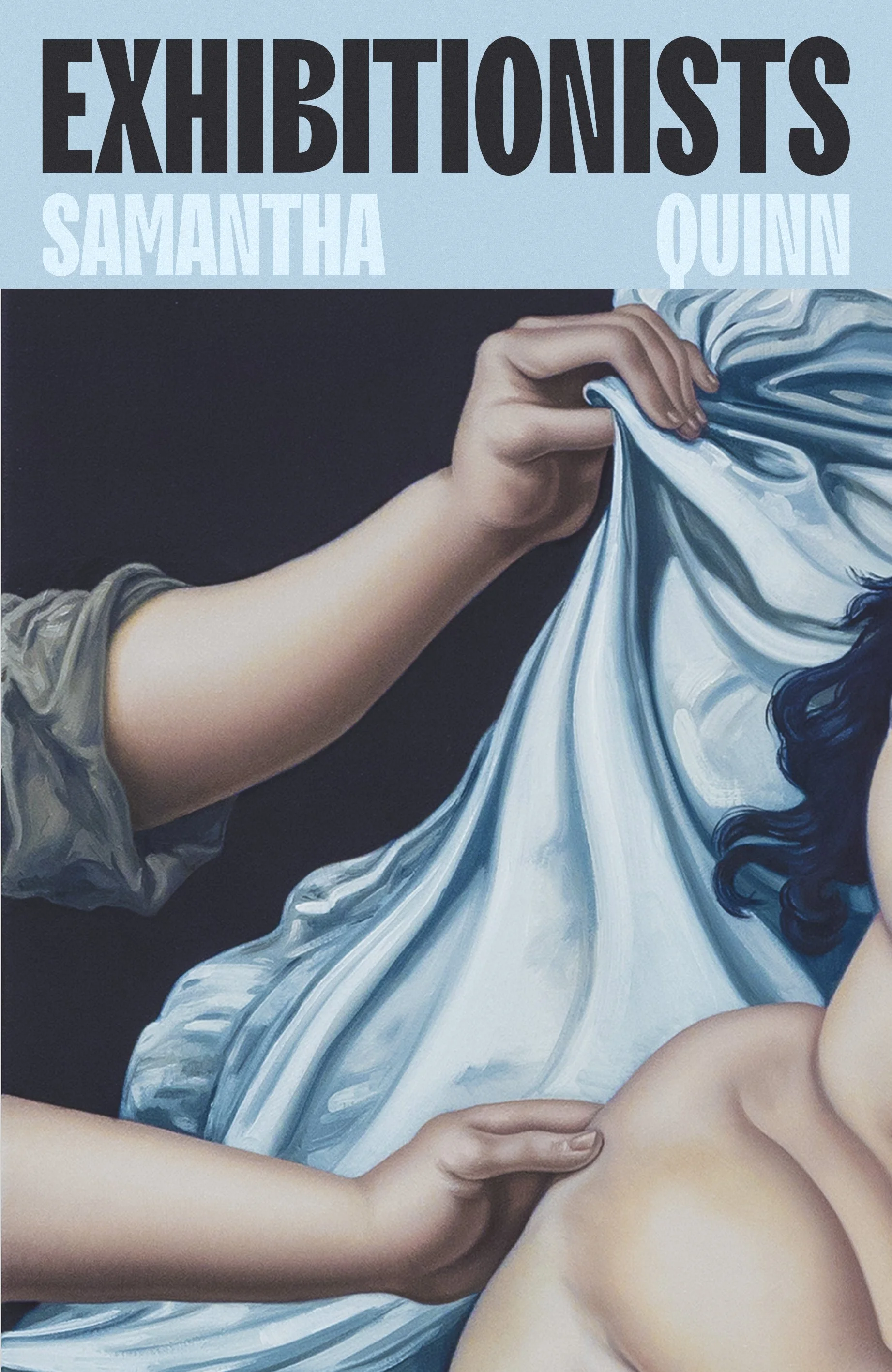 A person with fair skin holding a fabric that appears to be a blue and white painted cloth. Their hands are prominently visible, with one hand gripping the fabric and the other holding a different part of it. The person is wearing a long-sleeved gray garment.