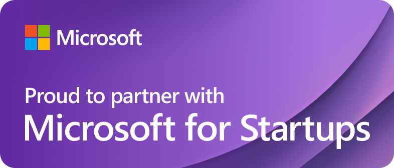 Microsoft partnership banner with purple background and logo, promoting 'Microsoft for Startups'.