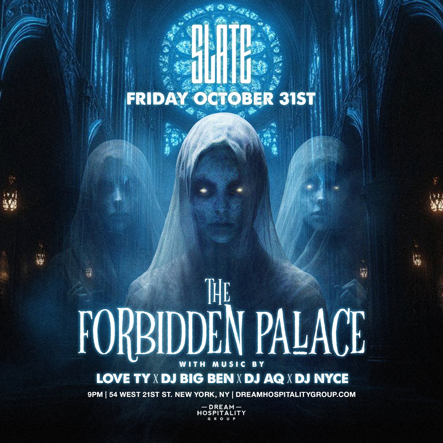 Flyer for Halloween Night 2025 at Slate NYC on Friday, October 31st
