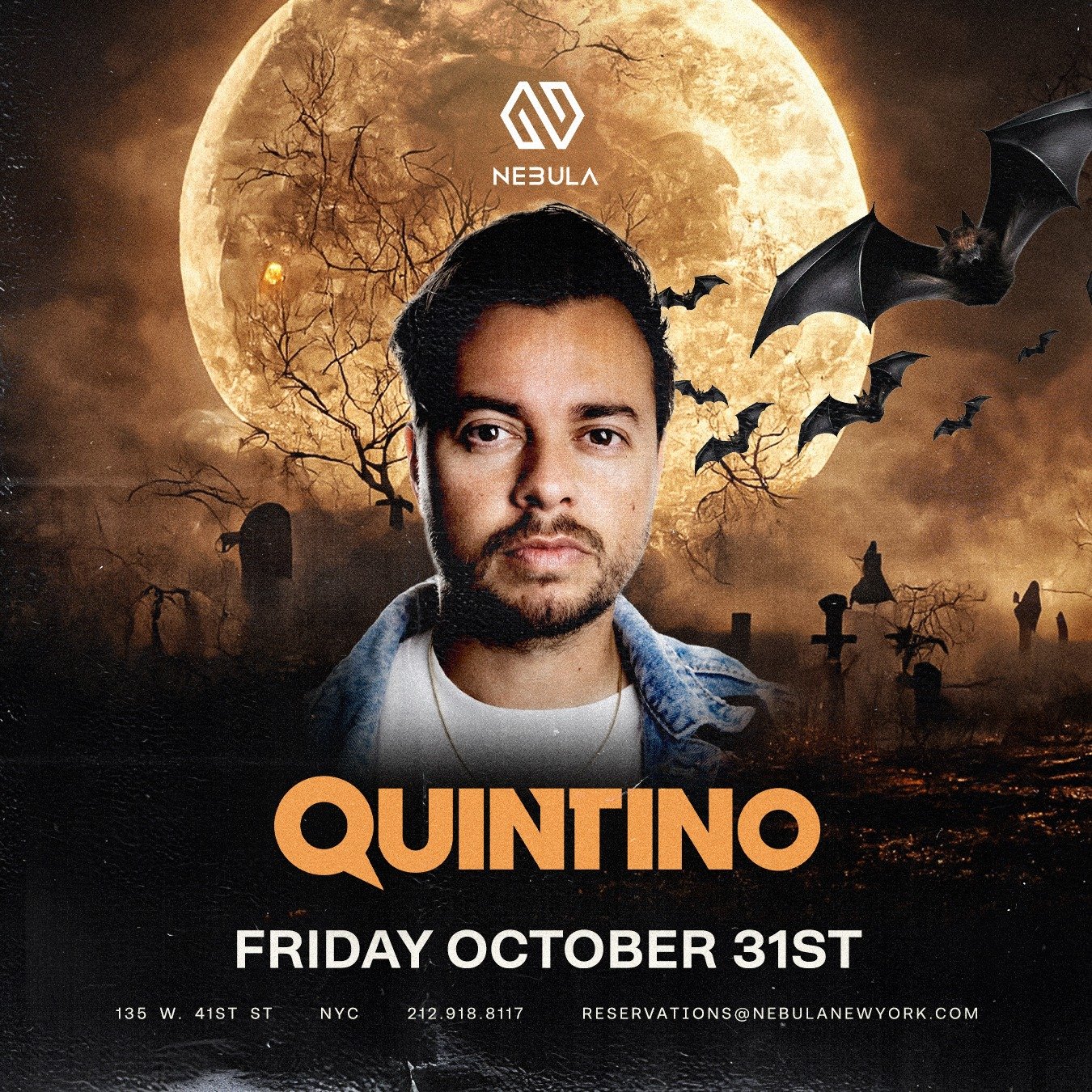 Halloween Night at NEBULA NYC with DJ QUINTINO – October 31st 2025 – Exclusive NYC club flyer with headliner DJ and bottle service info
