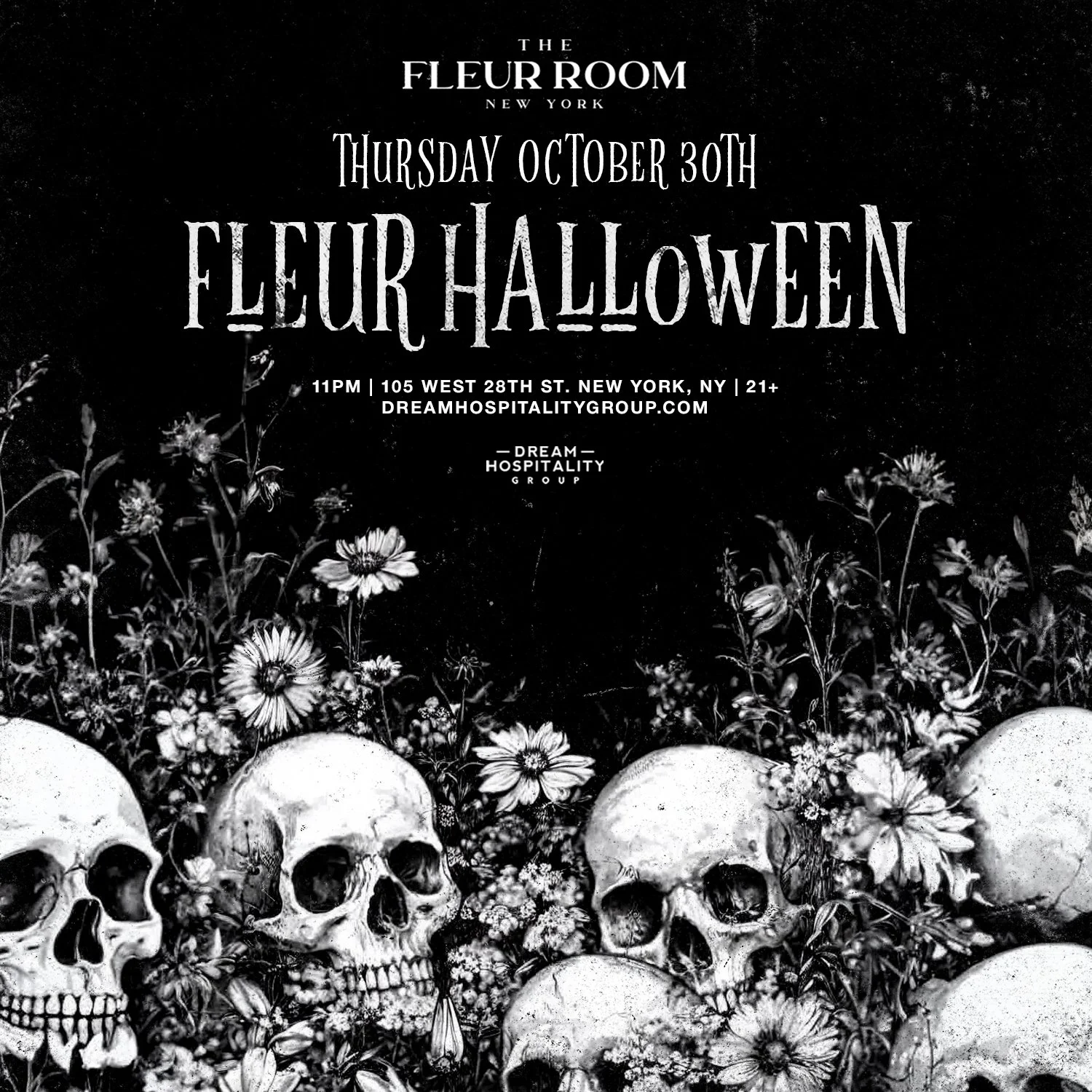Halloween 2025 flyer for The Fleur Room NYC, featuring event date Thursday, October 30th, and moody rooftop visuals
