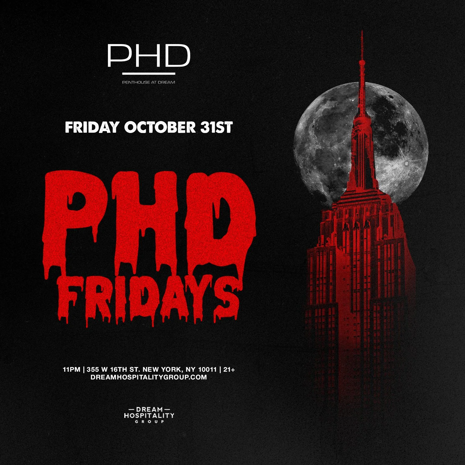 Flyer for Halloween Night 2025 at PHD Rooftop NYC on Thursday, October 31st
