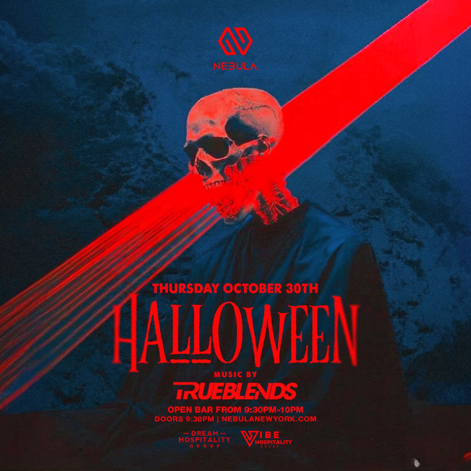 NEBULA NYC Thursday Halloween Party Flyer – October 30th 2025 – New York nightclub kickoff event with immersive lighting and top DJs
