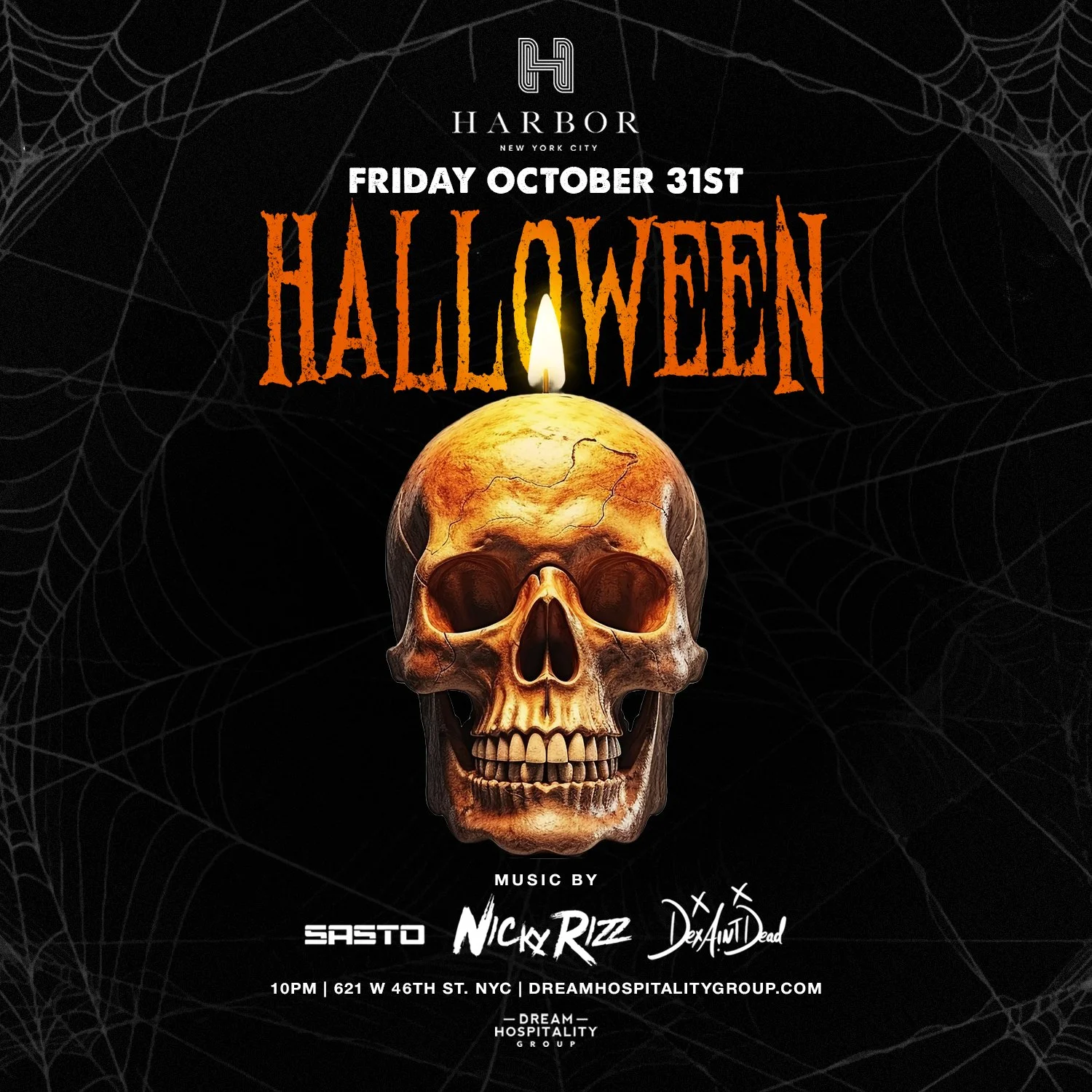 Harbor NYC Halloween 2025 Friday Night Flyer – Rooftop party with skyline views, spooky lighting, and bottle service available