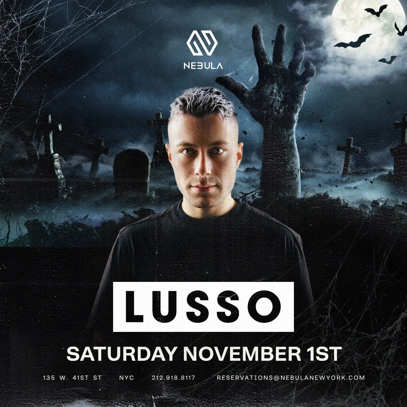 NEBULA NYC Saturday Halloween Party Flyer – November 1st 2025 – Featuring DJ LUSSO and VIP experience at Midtown NYC nightclub