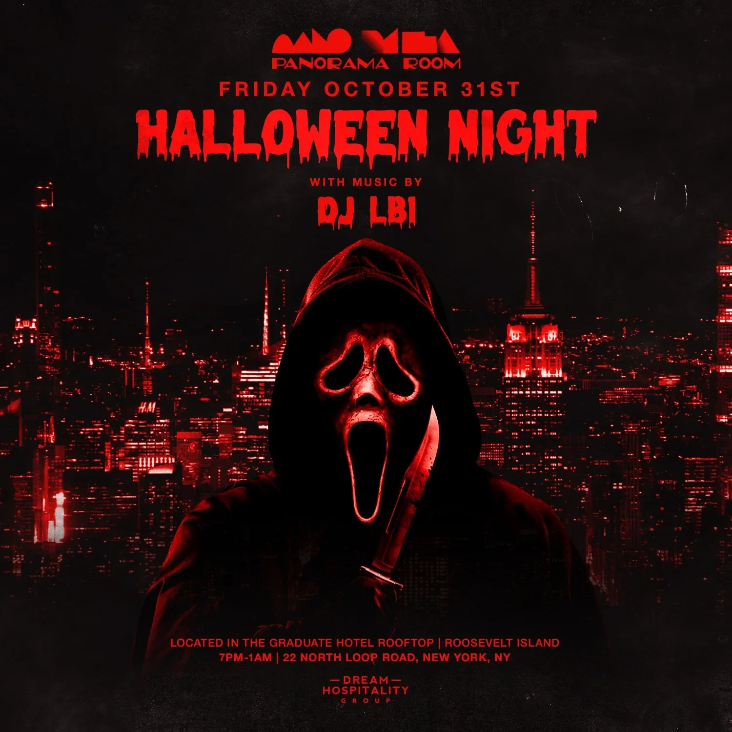Panorama Room NYC Halloween 2025 Event Flyer – Friday, October 31st Rooftop Party