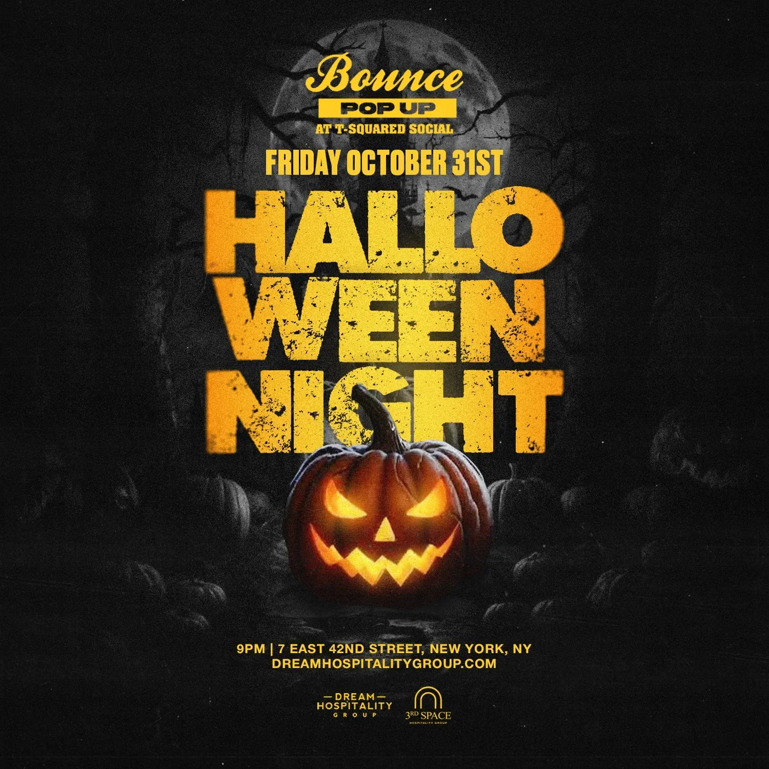 Bounce Sporting Club Halloween Weekend Pop-Up at T-Squared Social NYC – Sunday, November 2nd event flyer featuring closing night celebration, DJs, and bottle service details.