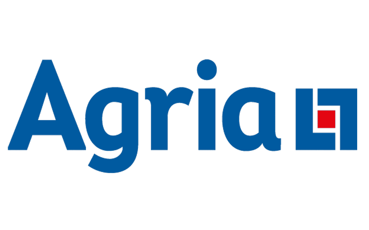 Logo of Agria, a blue word with a red square and smaller red square.