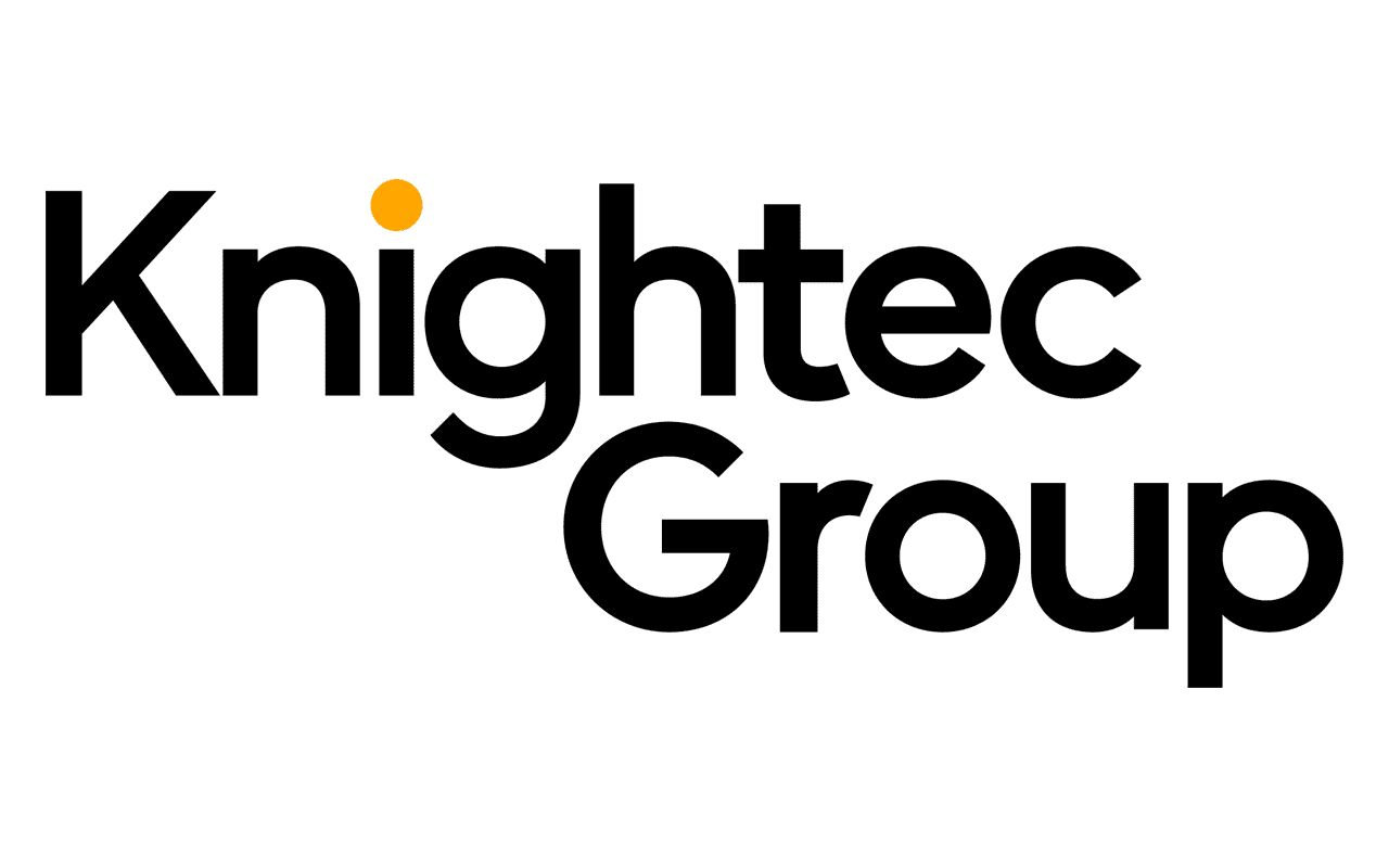 Black logo with stylized words ''Knightec group" and an orange dot above the letter 'i'.