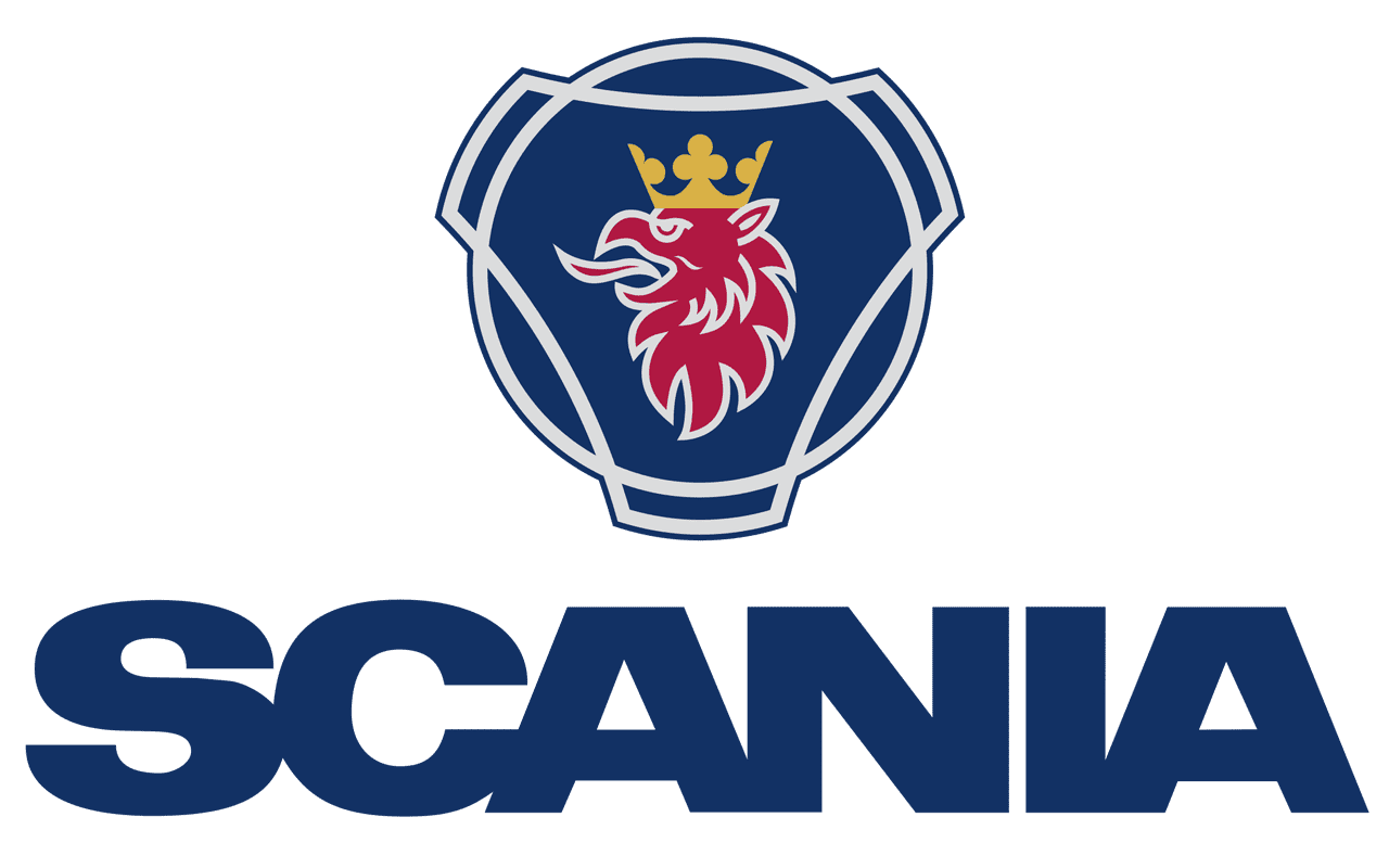 Scania logo with a stylized griffin crest above the word "SCANIA" in bold blue letters.
