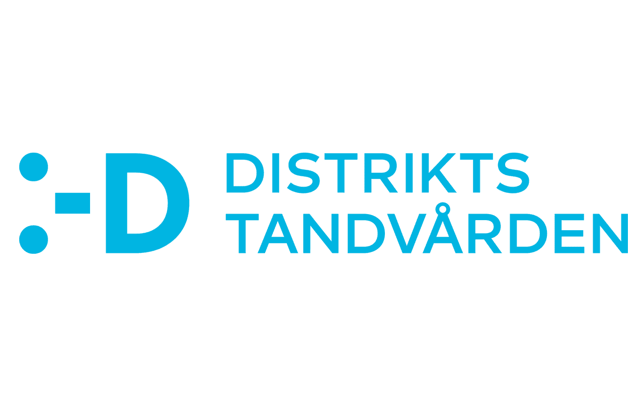 Logo for 'Distrikts Tandvården' with a smiley face icon and the letter 'D' in blue, with text in Swedish.