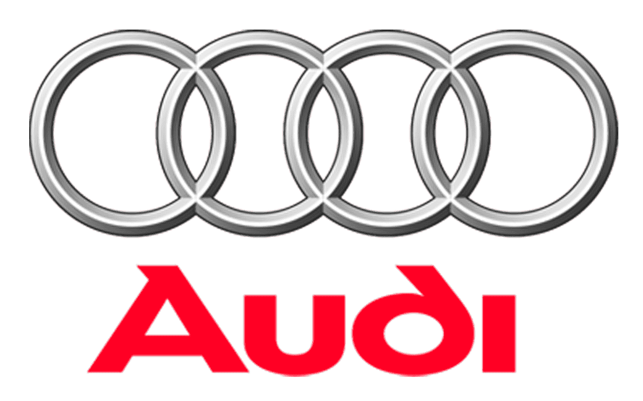 The Audi logo with four interlinked silver rings above the red word "Audi" on a blank background.
