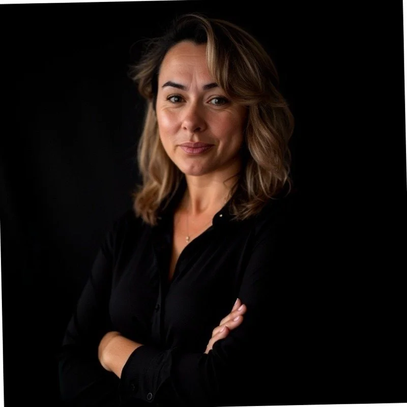 A woman with shoulder-length wavy hair, wearing a black shirt, standing against a black background, with arms crossed and smiling slightly.