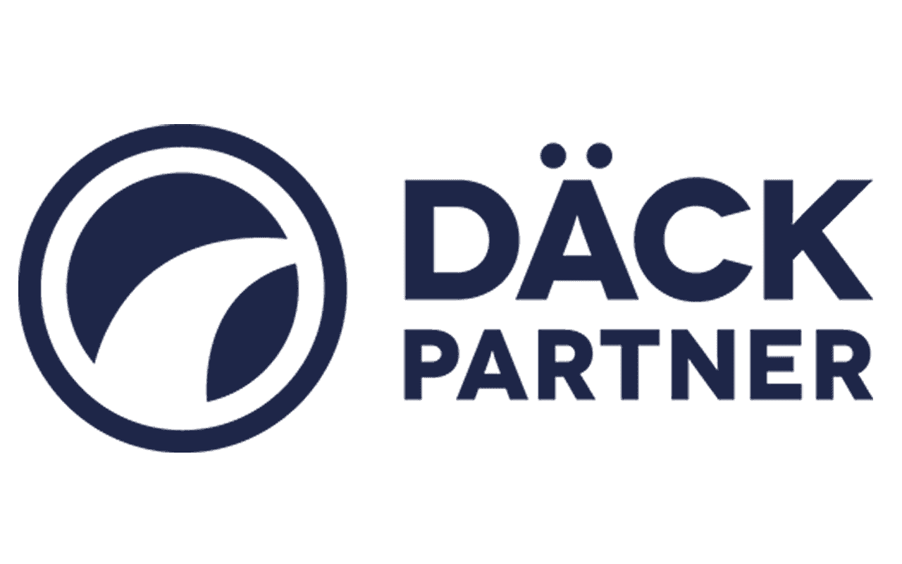 Logo of Däck Partner, featuring stylized tire graphic and text in dark blue.