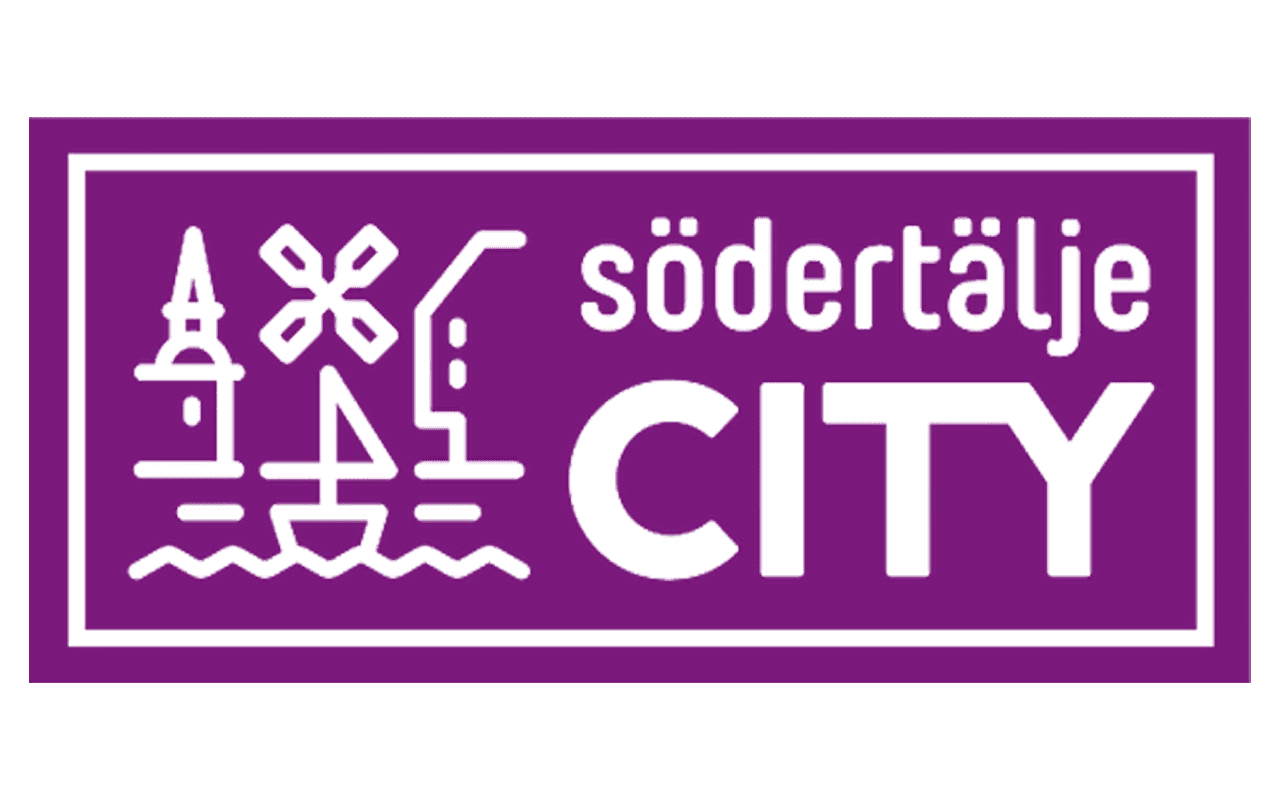 Purple sign for Södertälje City, featuring symbols of a tower, windmill, water, and a sailing boat