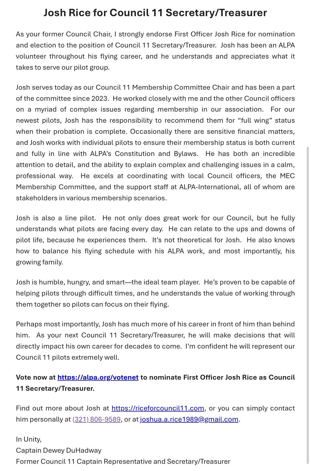 Endorsement: Dewey DuHadway - Former Council 11 Chair and Captain Representative
