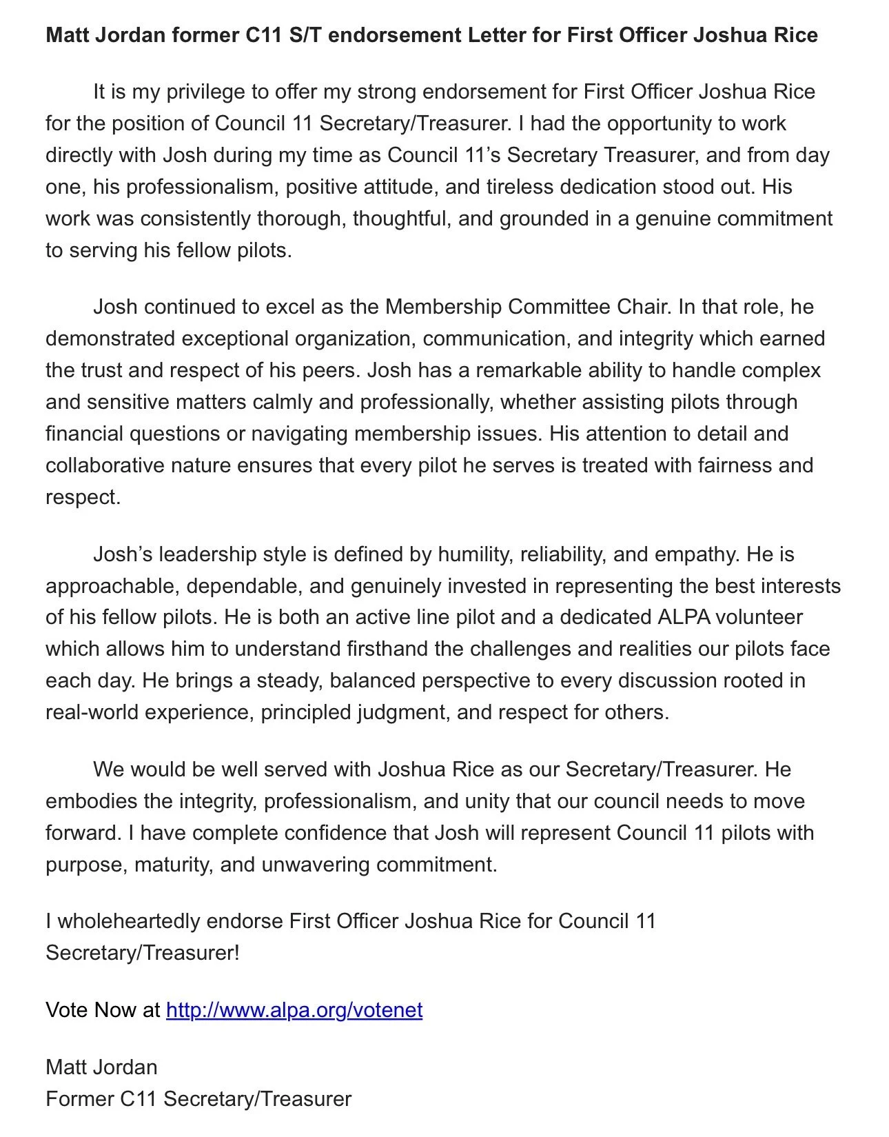 Endorsement: Matt Jordan - Former Council 11 Secretary Treasurer