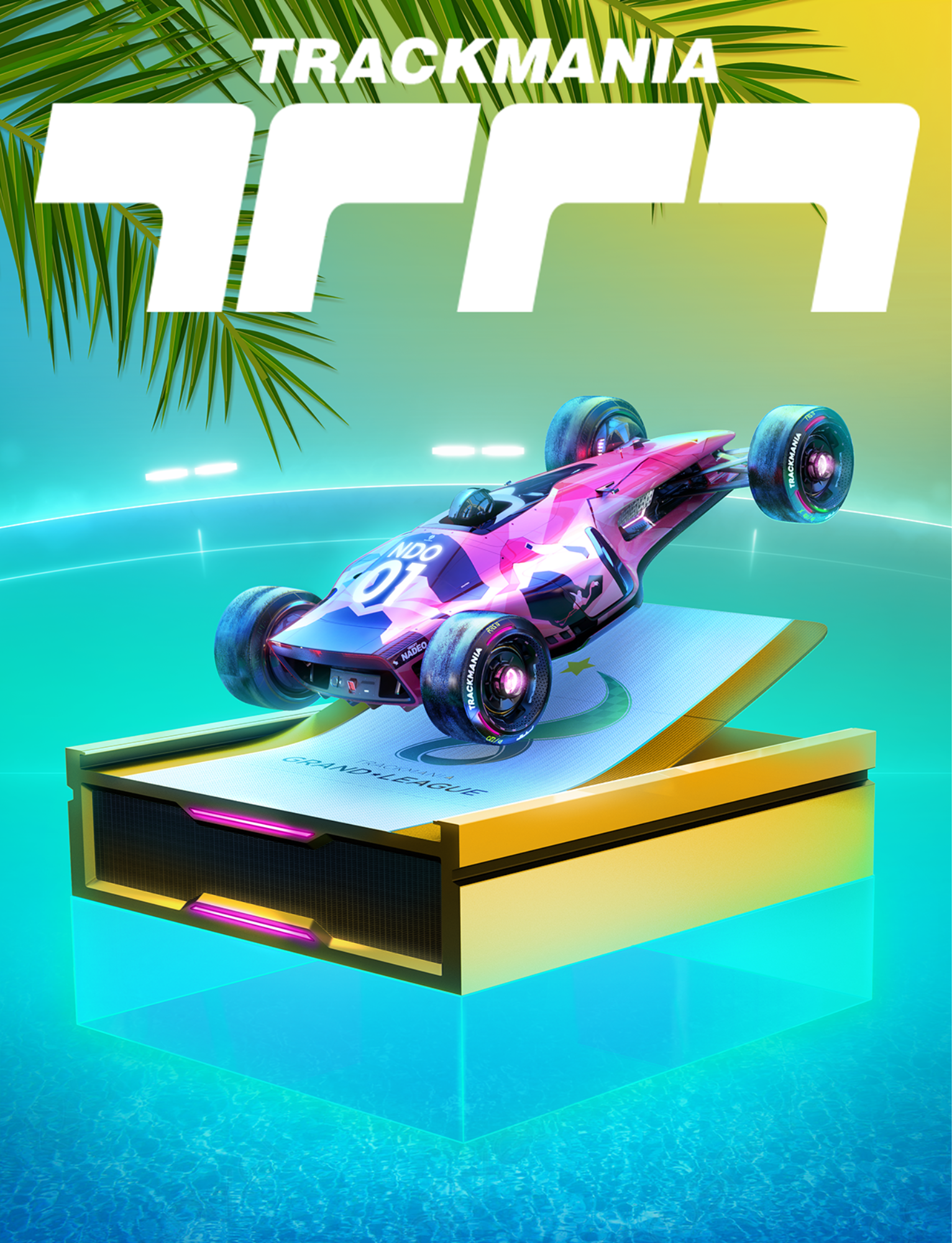 A futuristic Formula 1 race car with a pink, purple, and black design is displayed on a digital pedestal, with tropical palm leaves and a gradient background of yellow and green, referencing the game 'Trackmania' and its tropical theme.