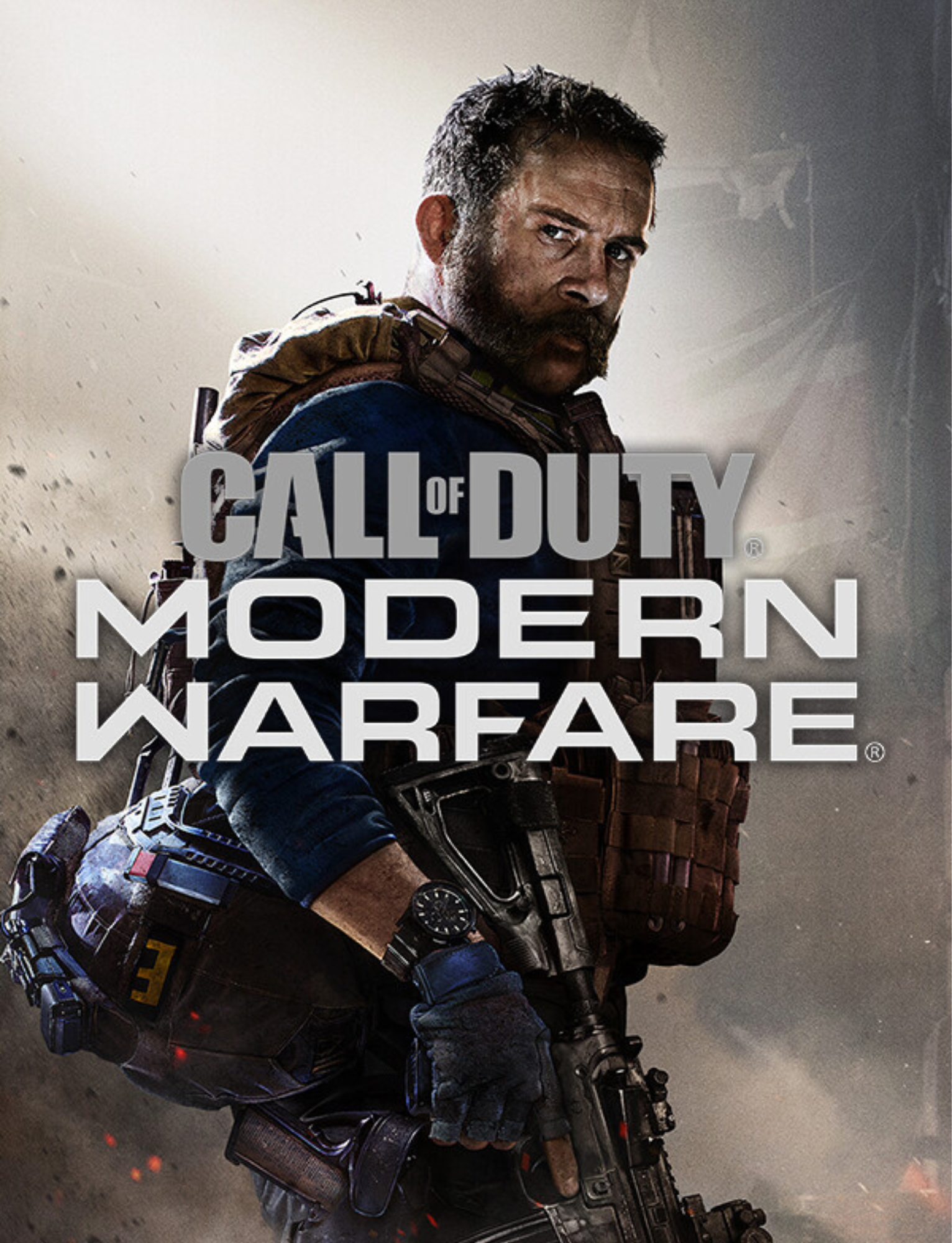 Cover art for Call of Duty: Modern Warfare featuring a male soldier with a beard, holding a rifle, dressed in tactical gear, against a smoky background.