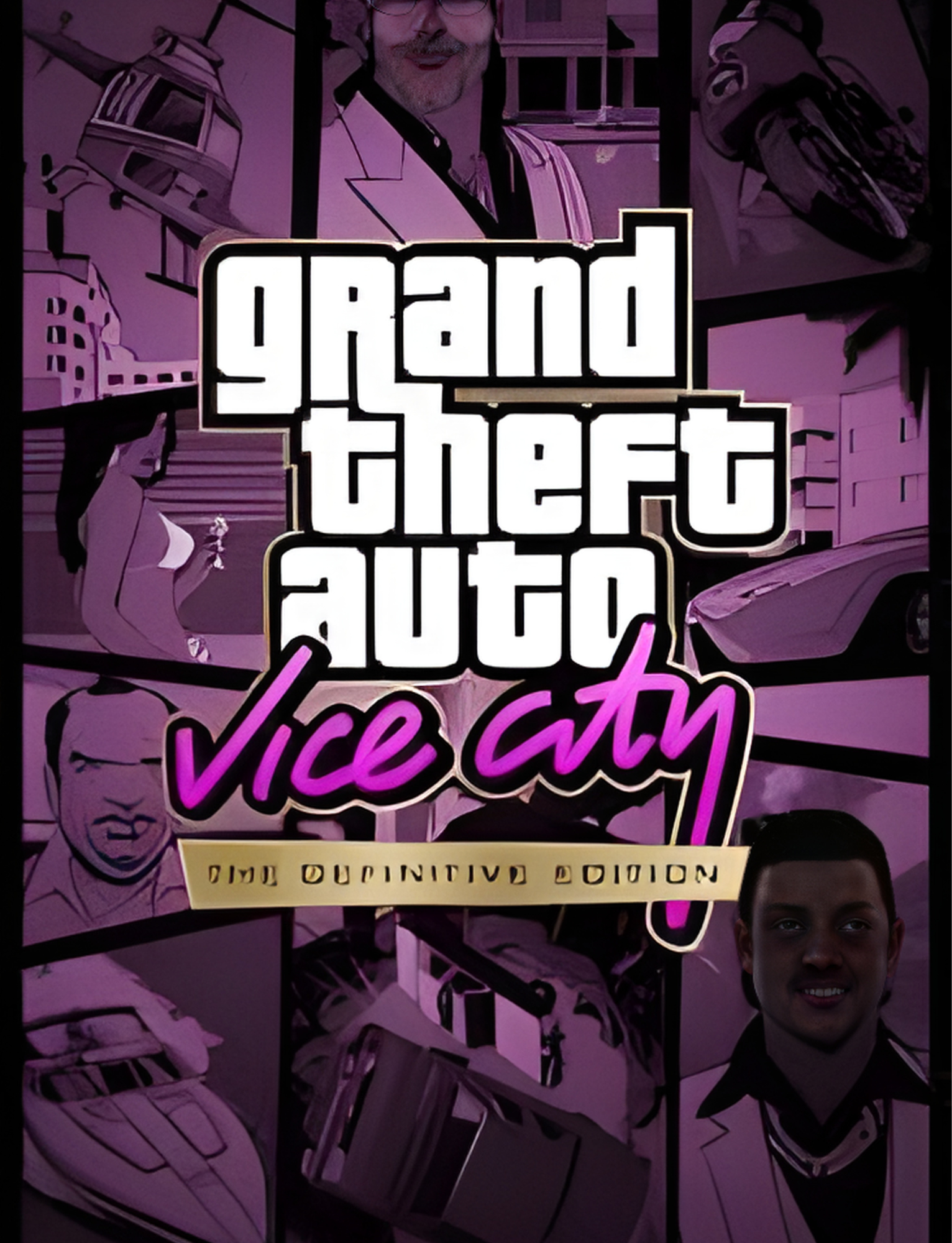 A neon sign displays the text "Grand Theft Auto Vice City" with a collage of purple-tinted images of cars, a woman holding a drink, and a young man in a white jacket in the background.
