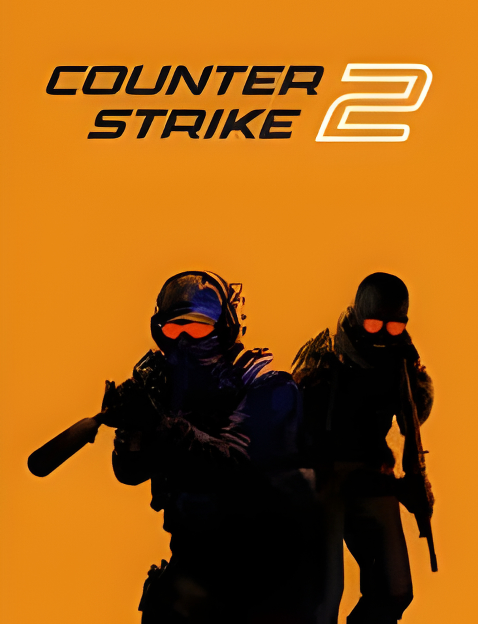Silhouette of two armed soldiers or characters in tactical gear and masks, with orange background, and the text "Counter Strike 2" in the top left corner.