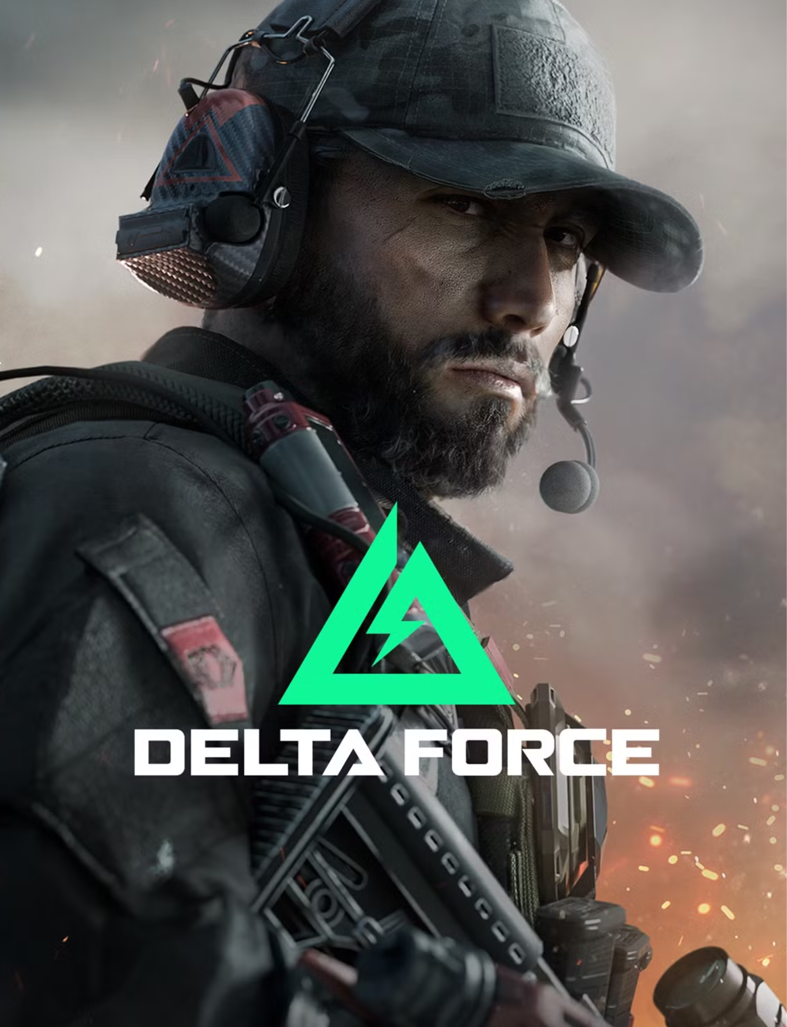 A soldier wearing a helmet with a microphone, military gear, and holding a weapon, with the text 'Delta Force' and a logo featuring a triangle and lightning bolt.